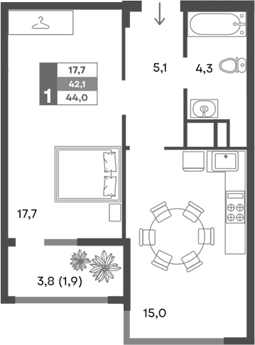2-комн., 42.1 м²