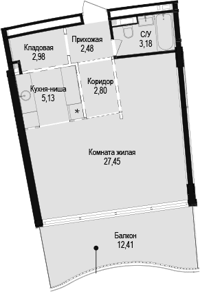 Студия, 44.02 м²