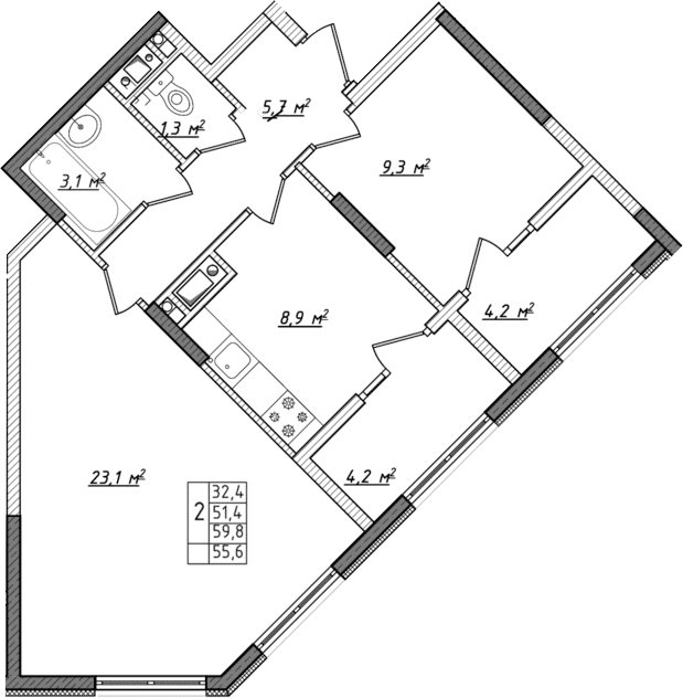 2-комн., 51.4 м²