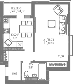 1-комн., 38.73 м²