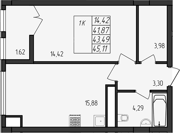 1-комн., 41.87 м²
