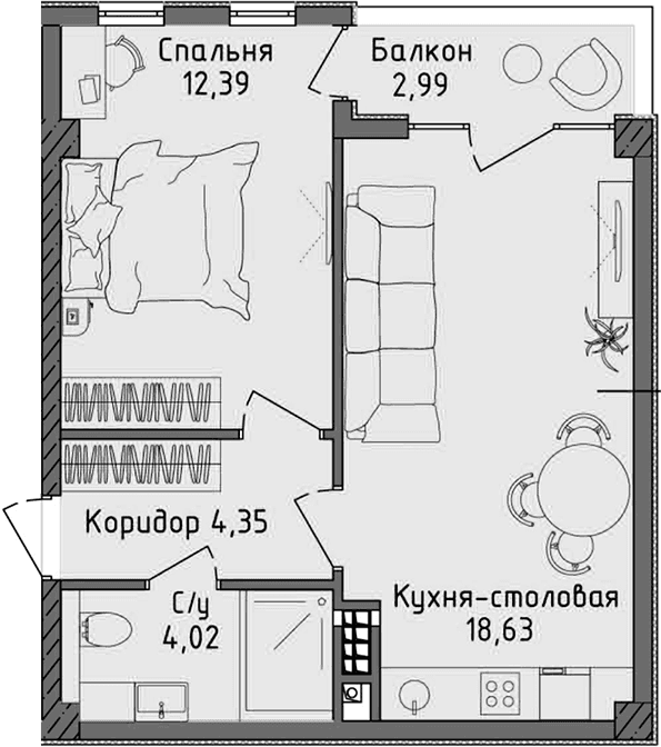 2-комн., 39.39 м²