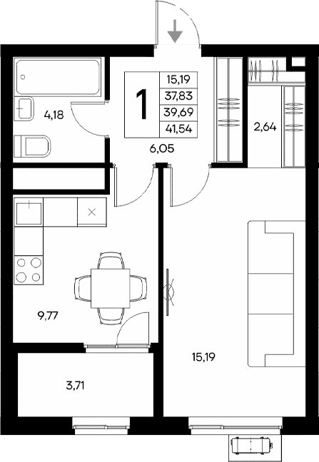 1-комн., 37.83 м²