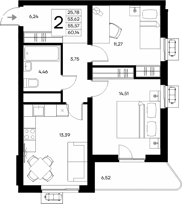2-комн., 53.62 м²