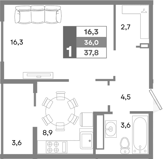 1-комн., 36 м²