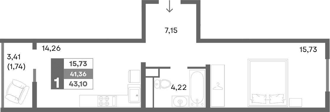 1-комн., 41.36 м²