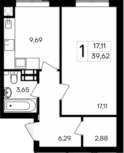 1-комн., 39.62 м²