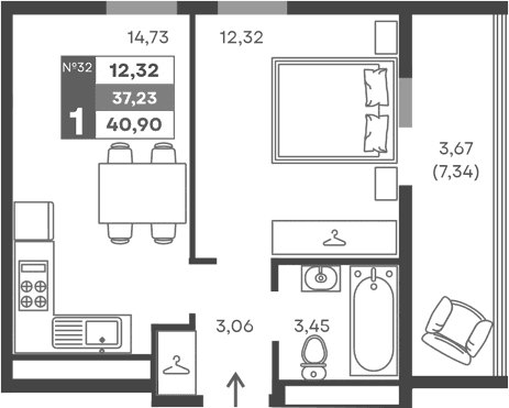 1-комн., 33.56 м²