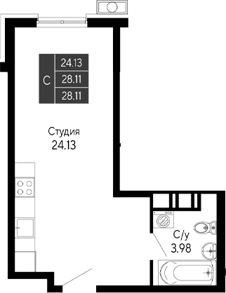 Студия, 28.11 м²