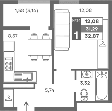 1-комн., 29.71 м²