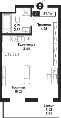 Студия, 29.64 м²