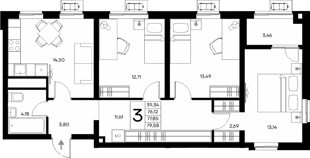 3-комн., 76.12 м²