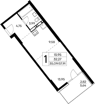 Студия, 35.09 м²