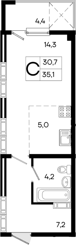 Студия, 30.7 м²