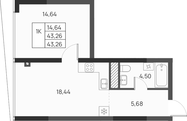 1-комн., 43.26 м²
