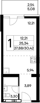 Студия, 27.88 м²