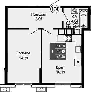 2-комн., 43.49 м²