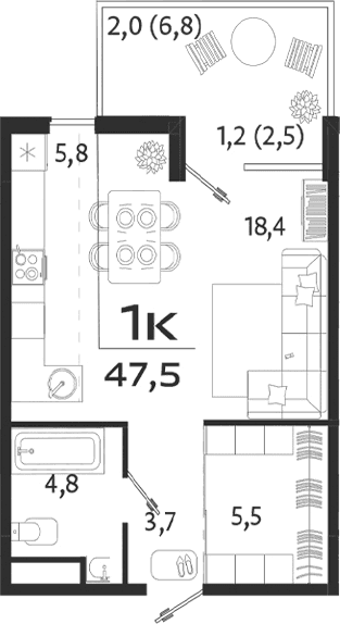 Студия, 38.2 м²