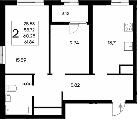 2-комн., 58.72 м²
