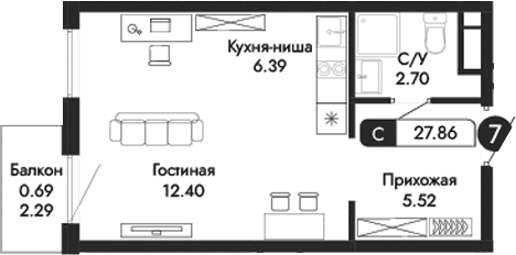 Студия, 26.99 м²