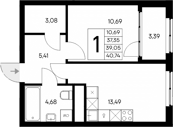 1-комн., 37.35 м²