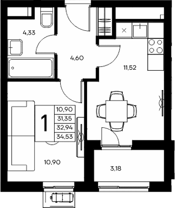1-комн., 31.35 м²