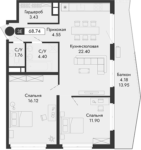 3-комн., 64.56 м²