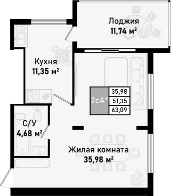 1-комн., 57.22 м²