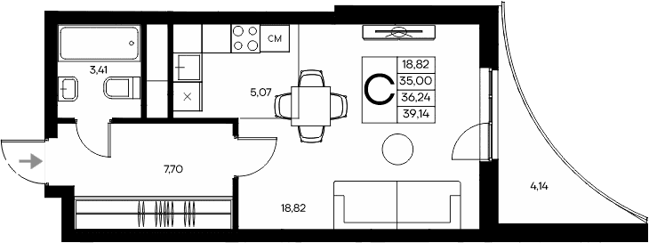 Студия, 35 м²