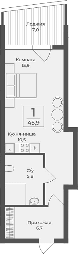 Студия, 38.9 м²