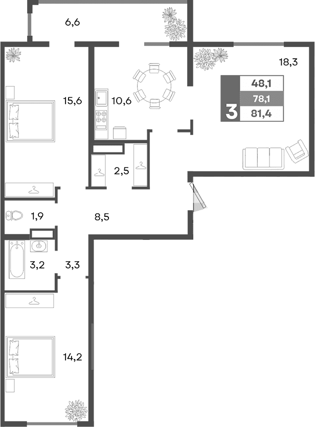 3-комн., 78.1 м²