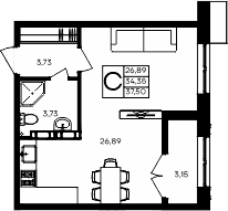 Студия, 34.35 м²
