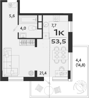 1-комн., 49.1 м²