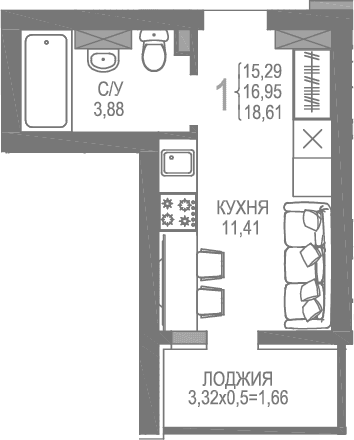 Студия, 15.29 м²
