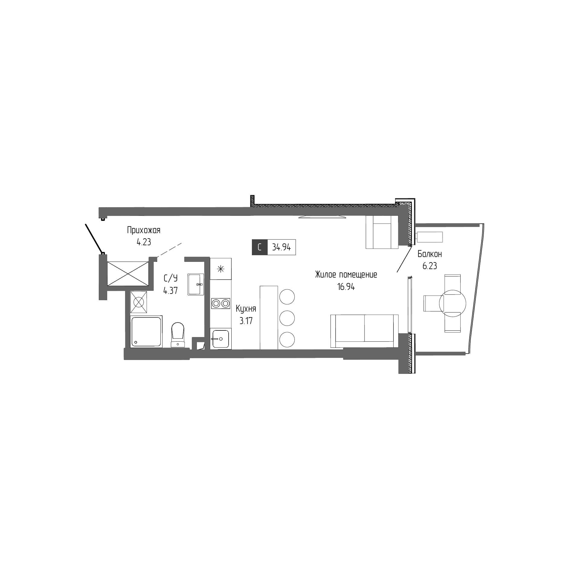 Студия, 28.71 м²