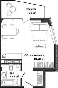 Студия, 32.74 м²