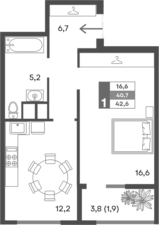 1-комн., 40.7 м²