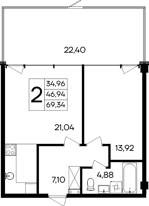 1-комн., 46.94 м²