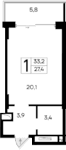 Студия, 27.4 м²