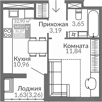 1-комн., 29.64 м²