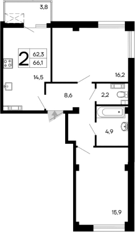2-комн., 62.3 м²