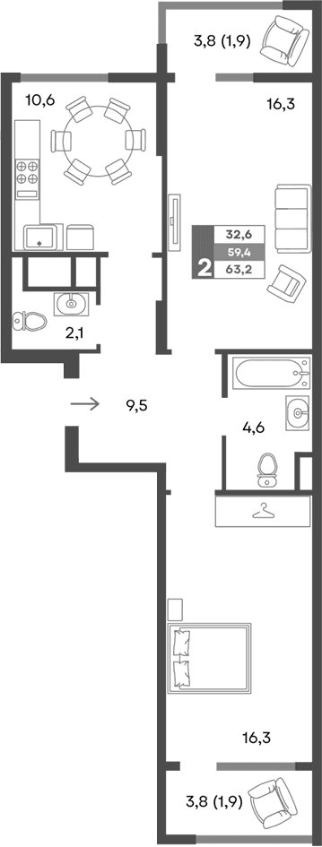 2-комн., 59.4 м²