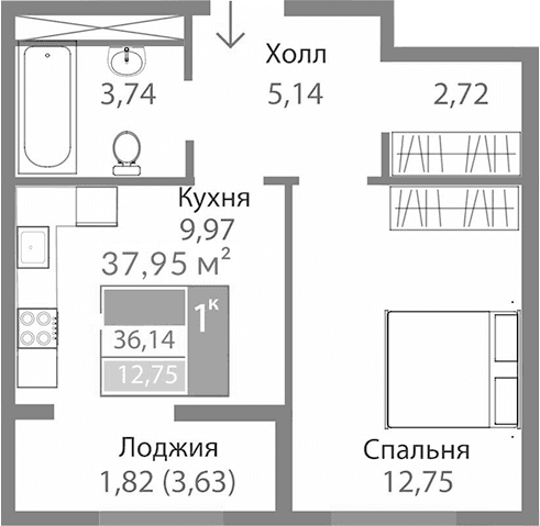 1-комн., 34.32 м²