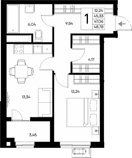 1-комн., 45.33 м²