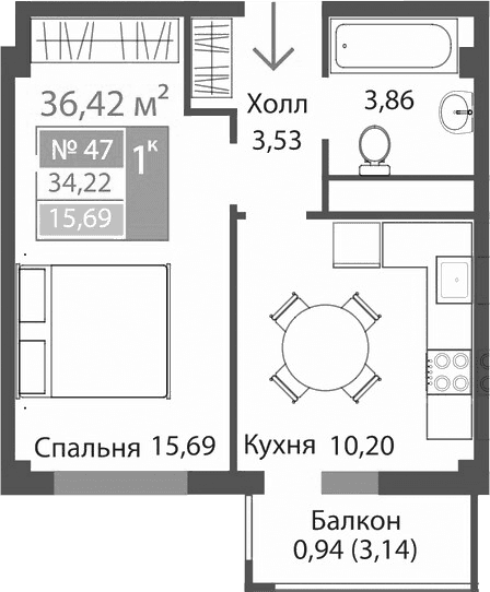 1-комн., 33.28 м²