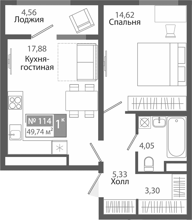 1-комн., 45.18 м²