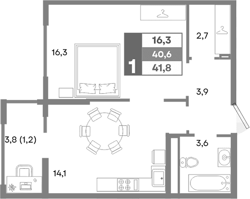 1-комн., 40.6 м²
