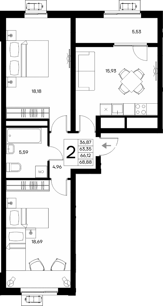 2-комн., 63.35 м²