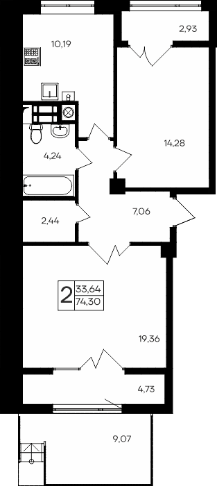 2-комн., 57.57 м²