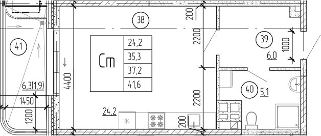 Студия, 35.3 м²